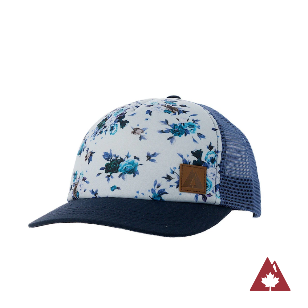 Kids trucker hat with a floral-patterned front panel, dark blue brim and navy mesh back.