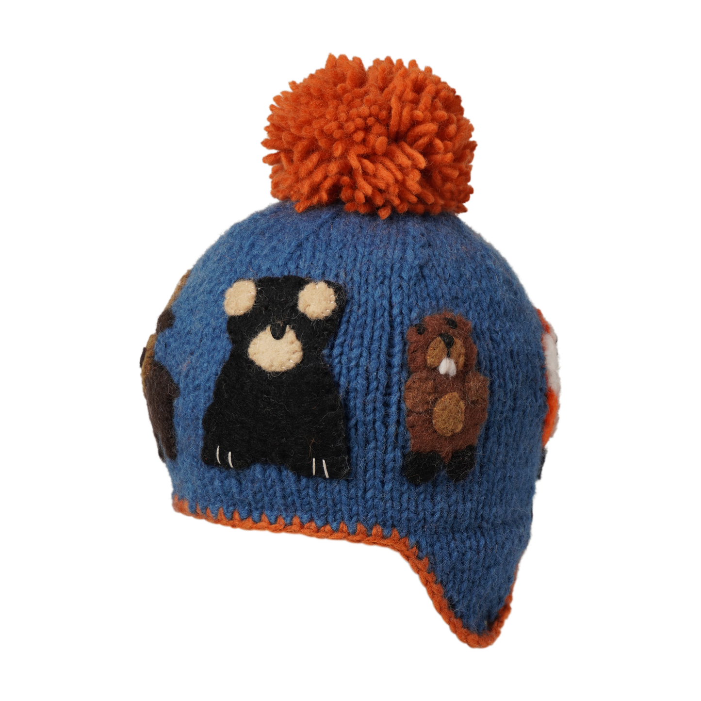 Ambler Canuck handknit kids' toque in dusk with felted creatures and medium contrast colour pom.