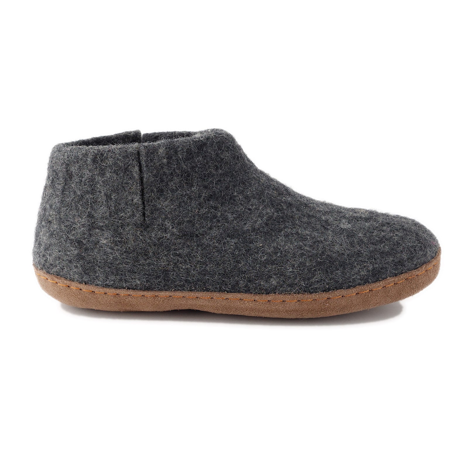 Ambler Carlyle wool felt slipper boots in heather charcoal with natural leather sole.