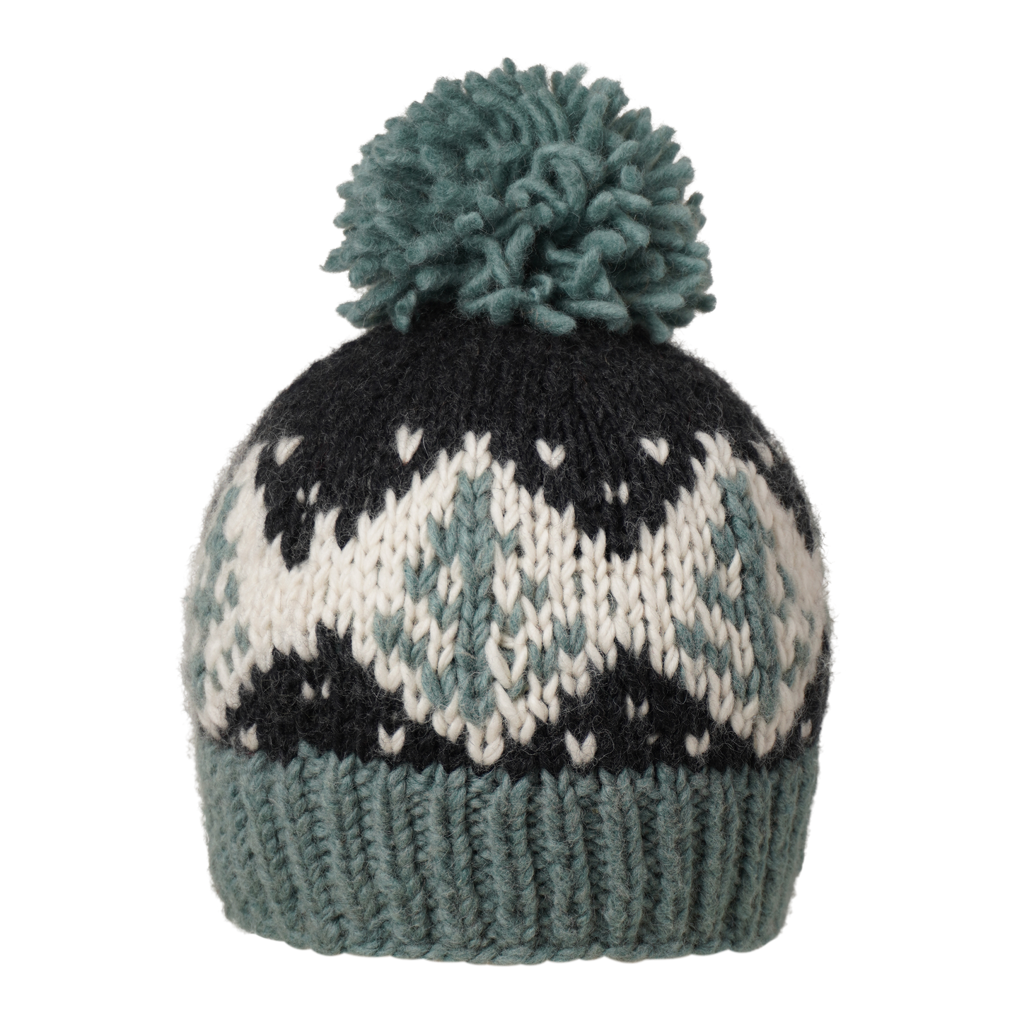 Ambler Cedar handknit wool toque in eucalyptus with jacquard design and medium pom.
