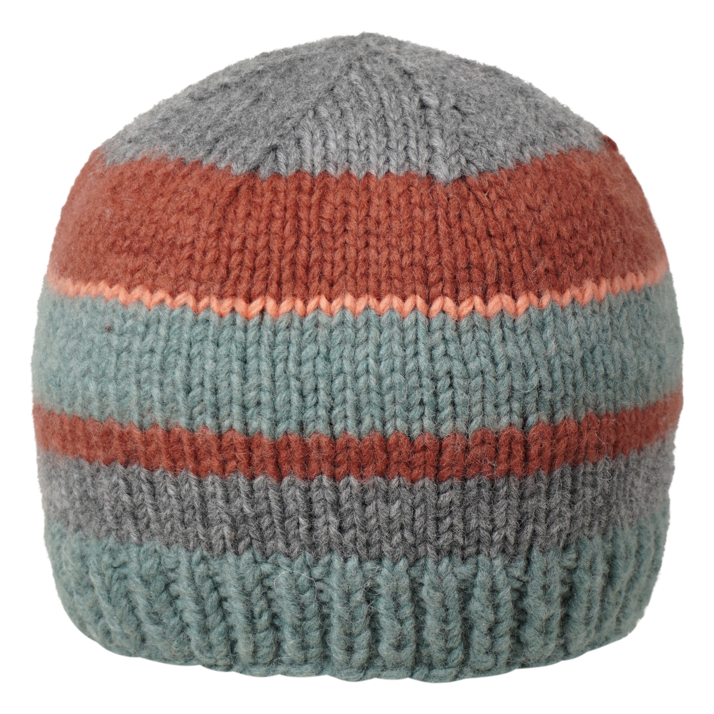 Ambler Eric handknit wool men's toque in eucalyptus with tricolour striped pattern.