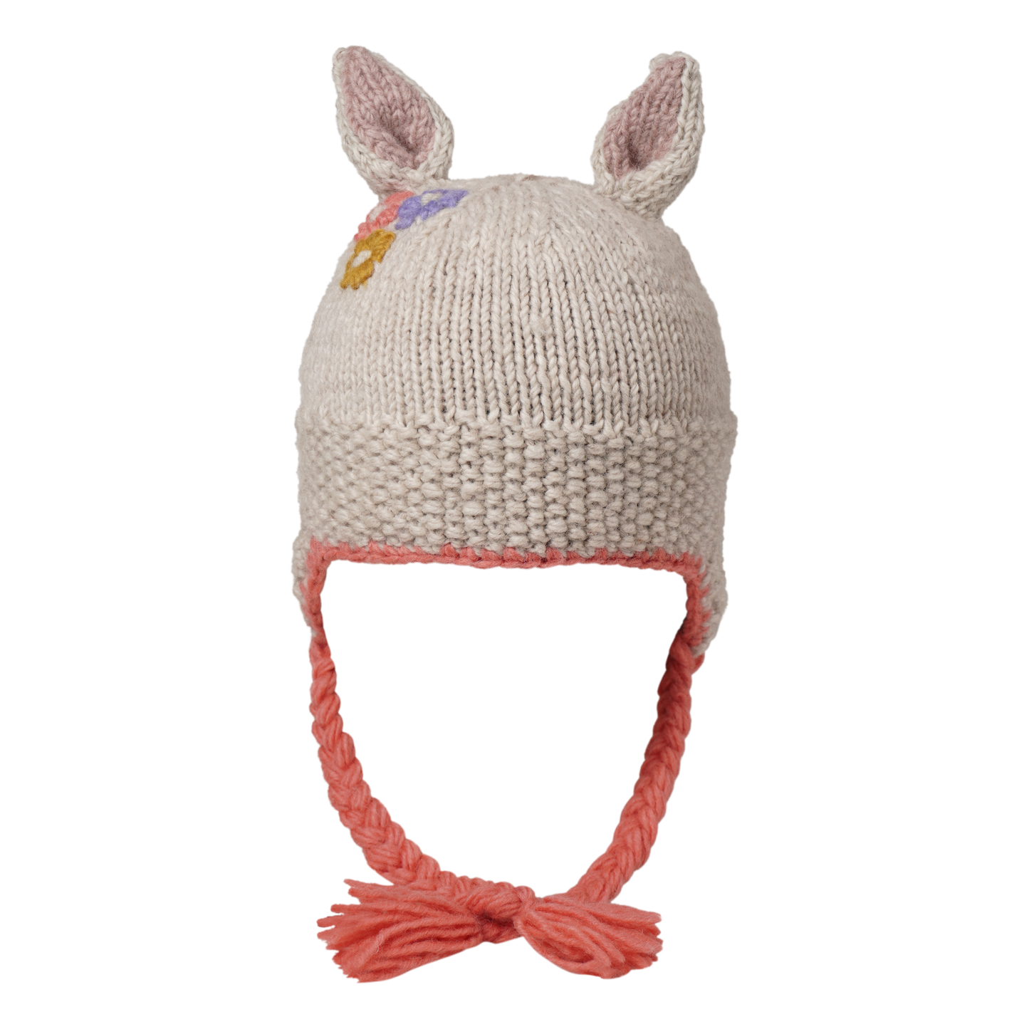 Ambler Forest handknit kids' toque in rabbit with knitted rabbit ears and coloured tassels.