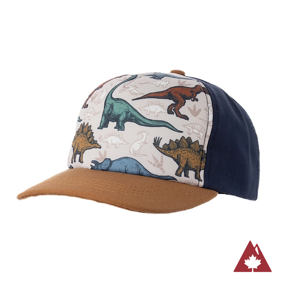 Children's cap with tan brim, navy back and colorful dinosaur pattern on the front panel.
