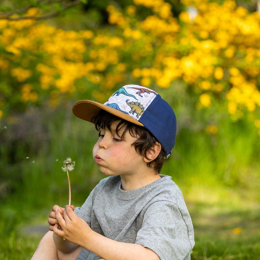 Boy wearing a children's cap with tan brim, navy back and colorful dinosaur pattern on the front panel.