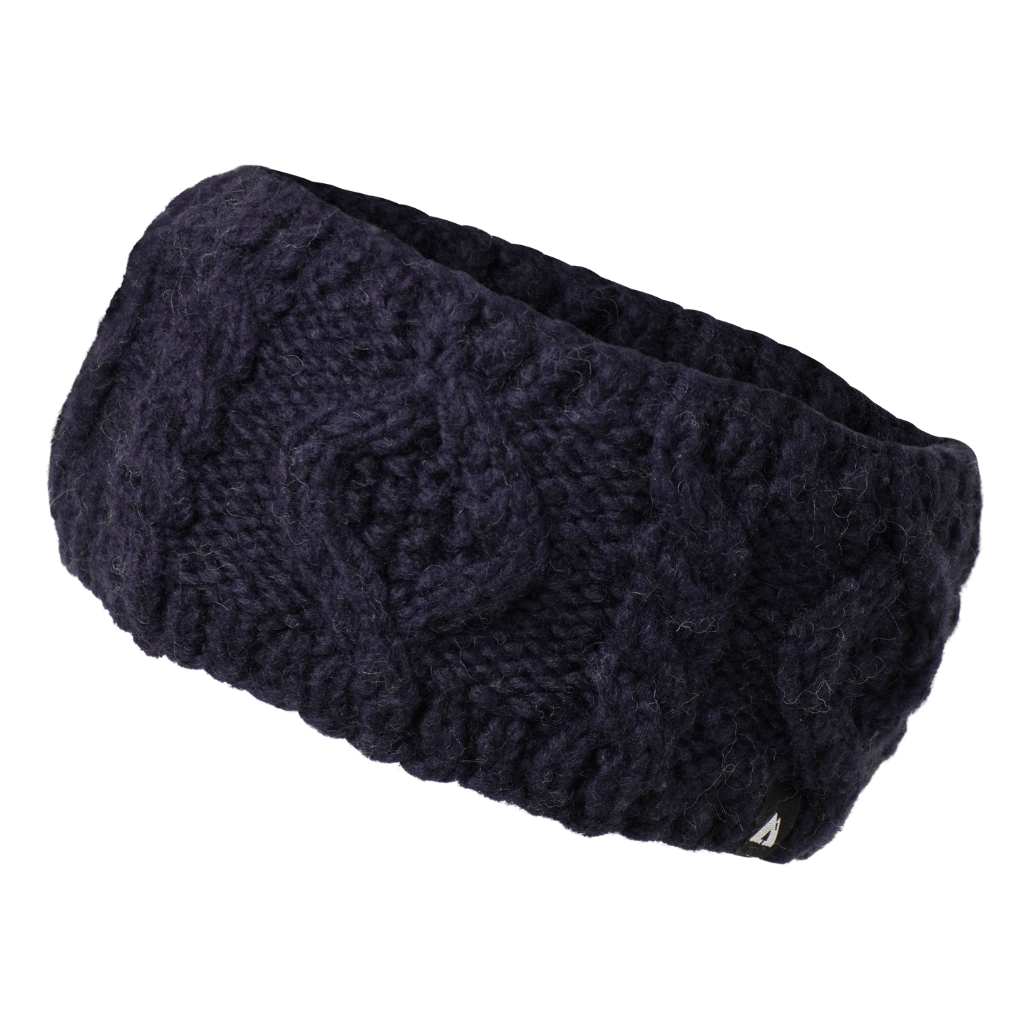 Ambler Mia handknit winter headband in midnight with cable knit pattern and Ambler clip label.