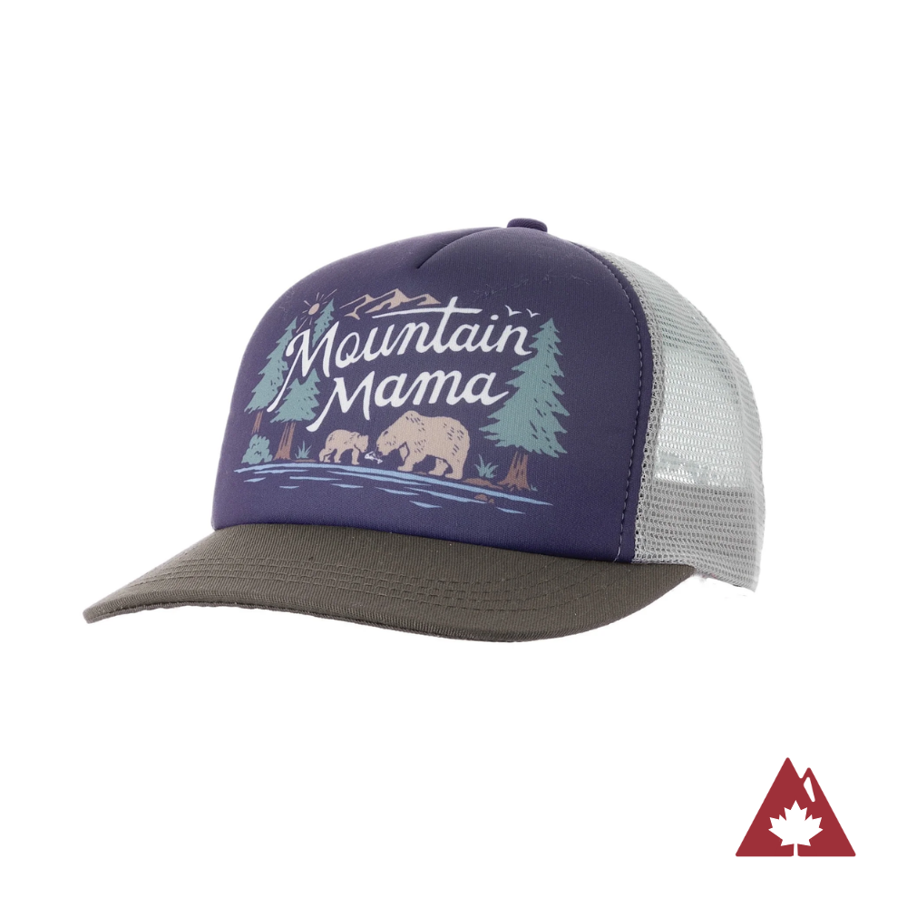 Purple trucker hat with a tan brim and 'Mountain Mama' graphic design on the front panel.
