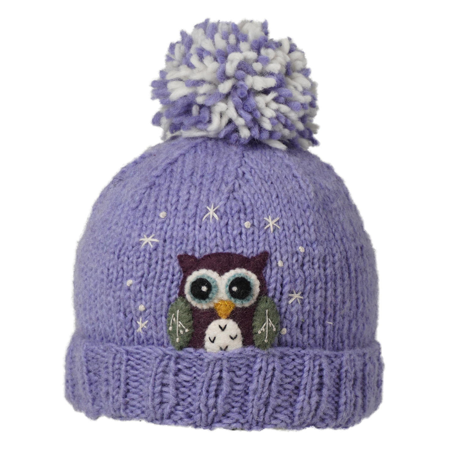 Ambler Peek-A-Boo handknit kids' toque in purple with felted owl character and duotone pom.