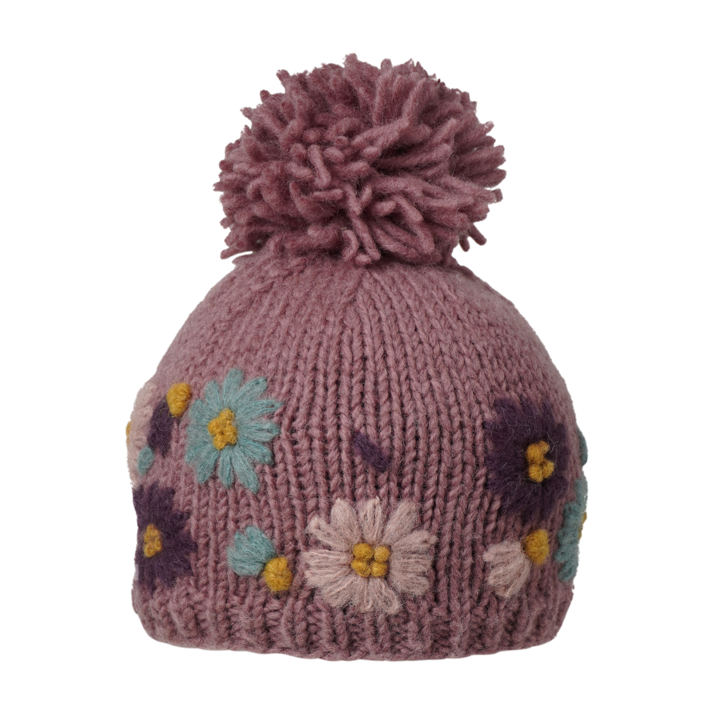 Ambler Petal handknit kids' toque in wild ginger with embroidered floral pattern and thin rib cuff.