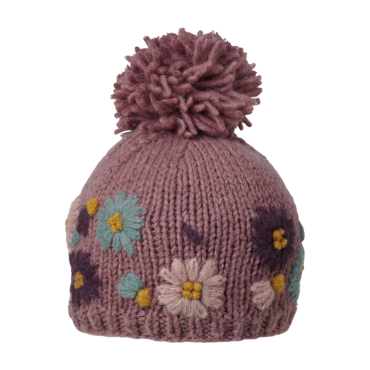 Ambler Petal handknit kids' toque in wild ginger with embroidered floral pattern and thin rib cuff.
