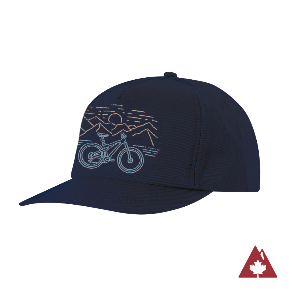 Navy snapback cap with a graphic design of a bicycle and mountains.