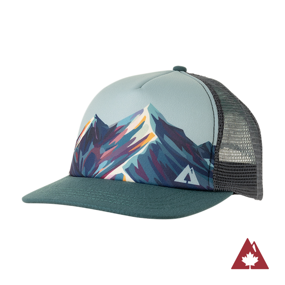 Trucker hat with mountain design and mesh back on a white background