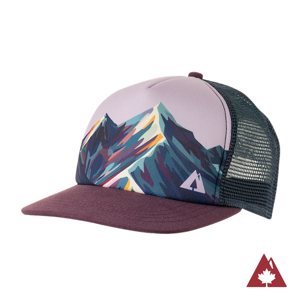 Trucker hat with mountain design and maroon brim on a white background