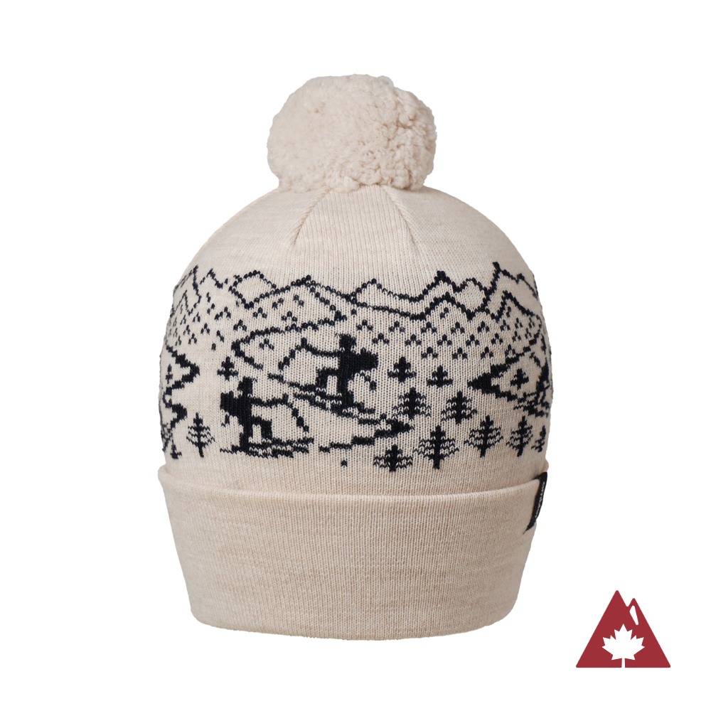 Made in Canada Ambler Skier machine knit toque in beige with jacquard design and fold up cuff.