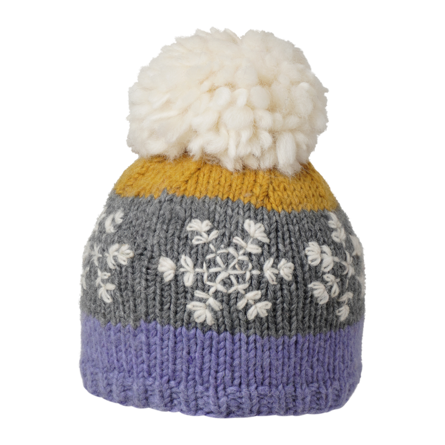 Ambler Snowflake handknit kids' toque in purple with embroidered snowflake design and medium pom.