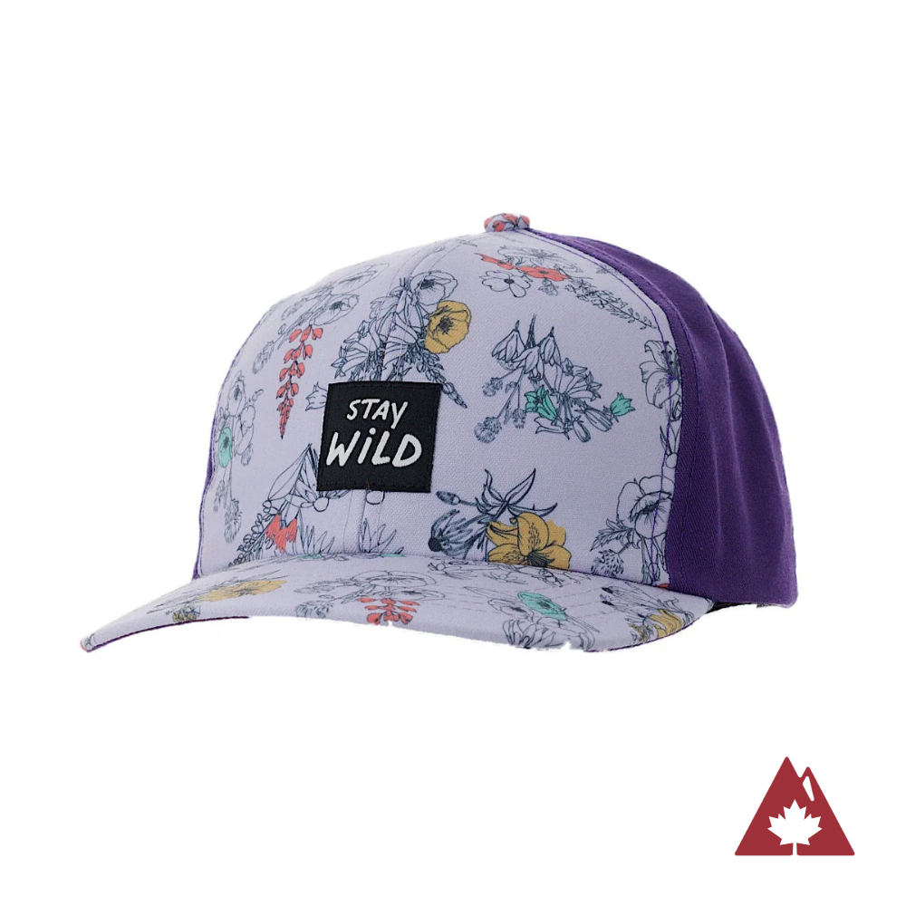 Kids' hat with wildflower floral pattern and 'Stay Wild' patch on the front panel.