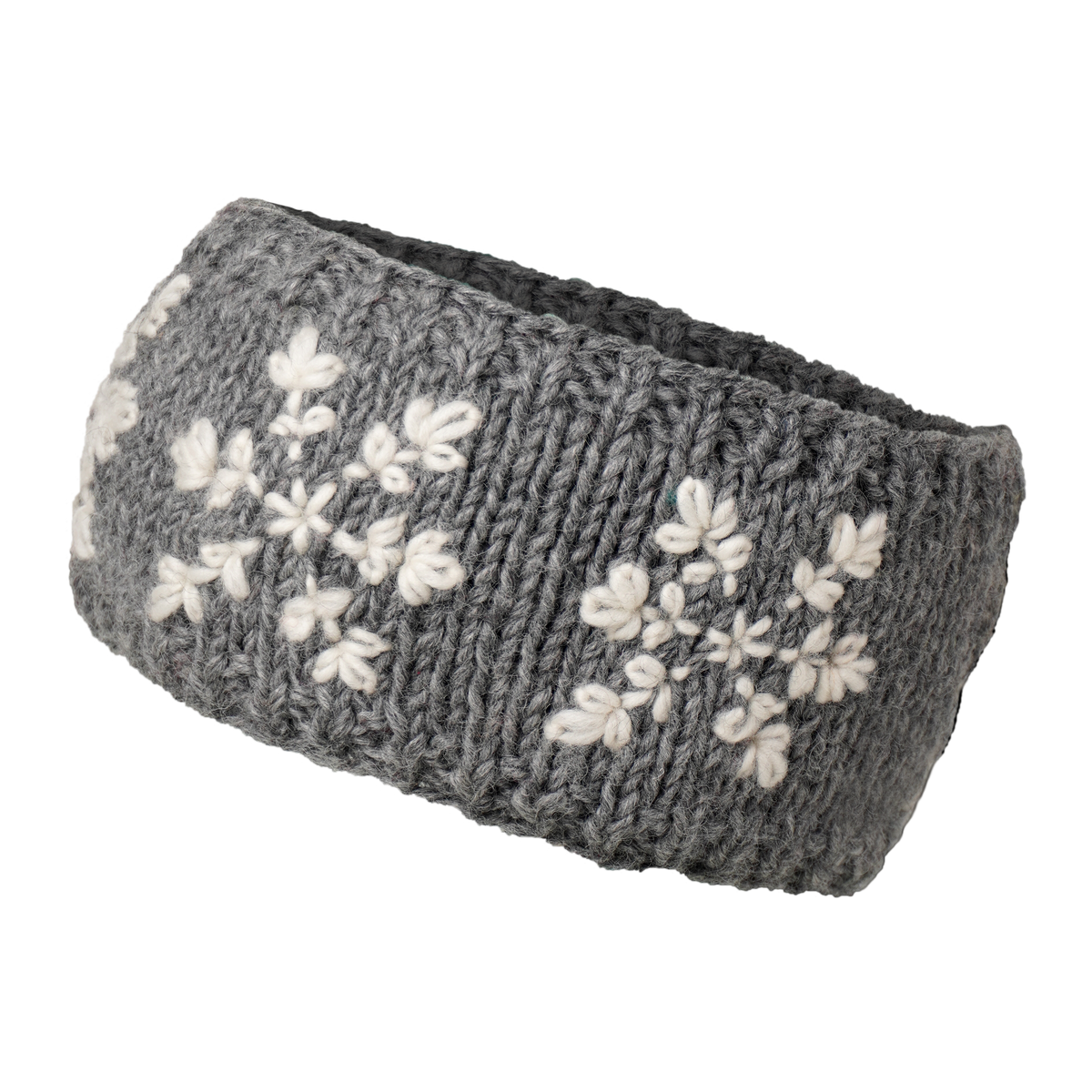 Ambler Stellar handknit winter headband in heather grey with snowflakes pattern and fleece lining.