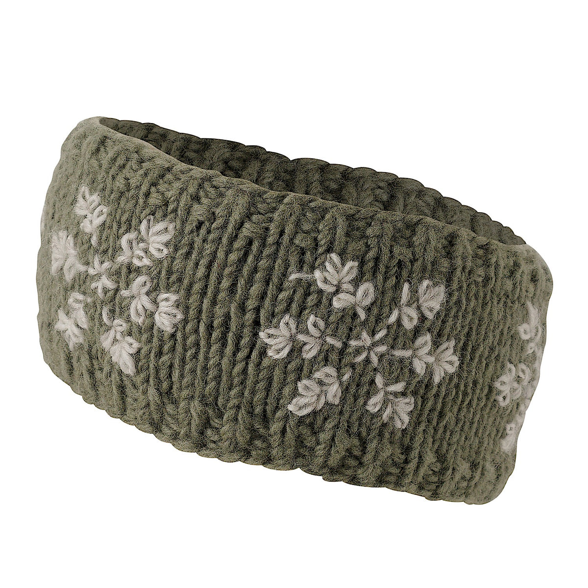 Ambler Stellar handknit winter headband in moss with snowflakes pattern and fleece lining.