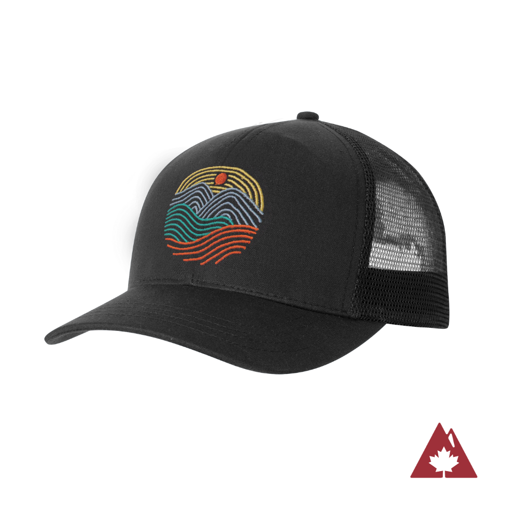 Black Trucker hat with a black mesh back and a colorful line design on the front panel.