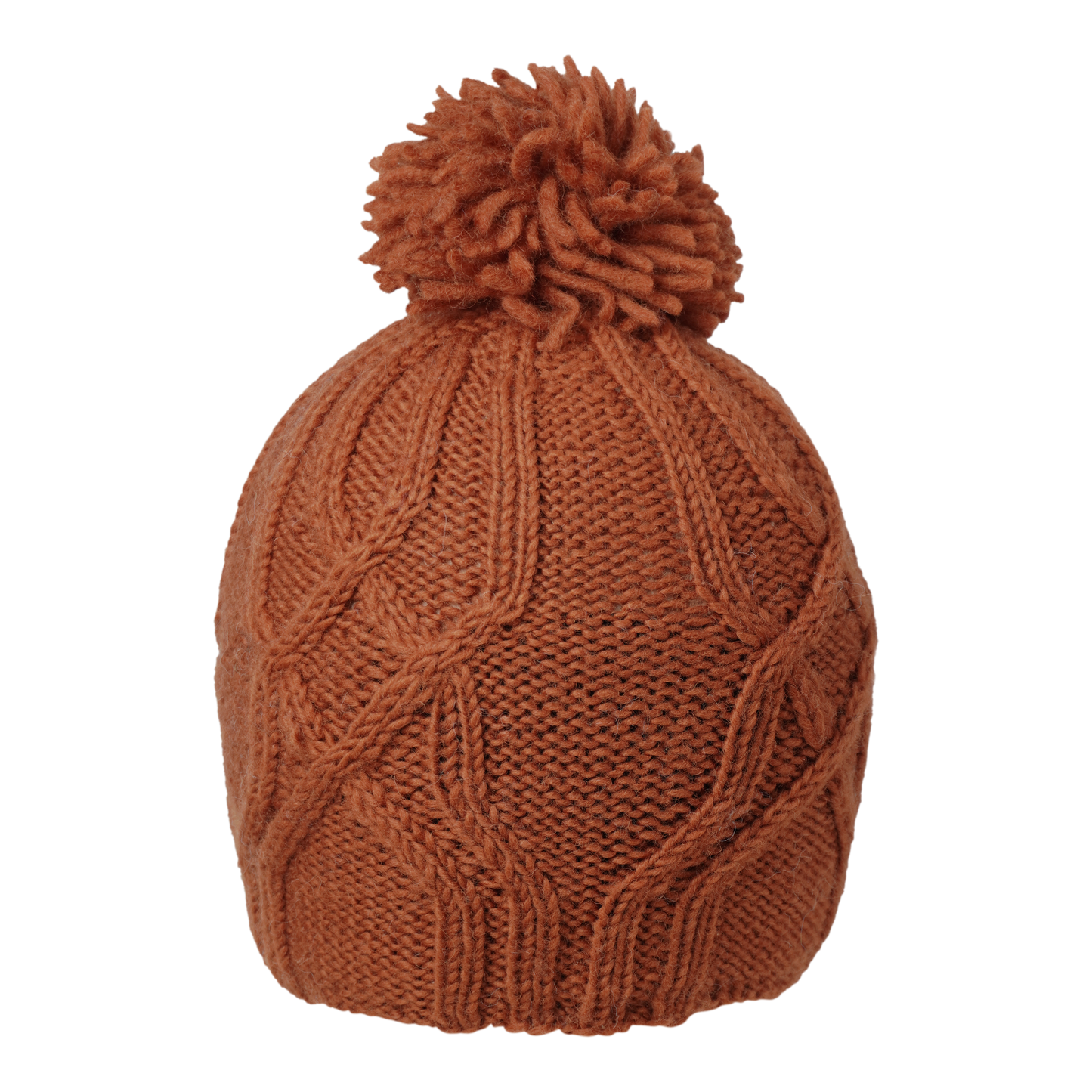 Ambler Tracks handknit wool women's toque in rust with cable knit pattern and medium pom.