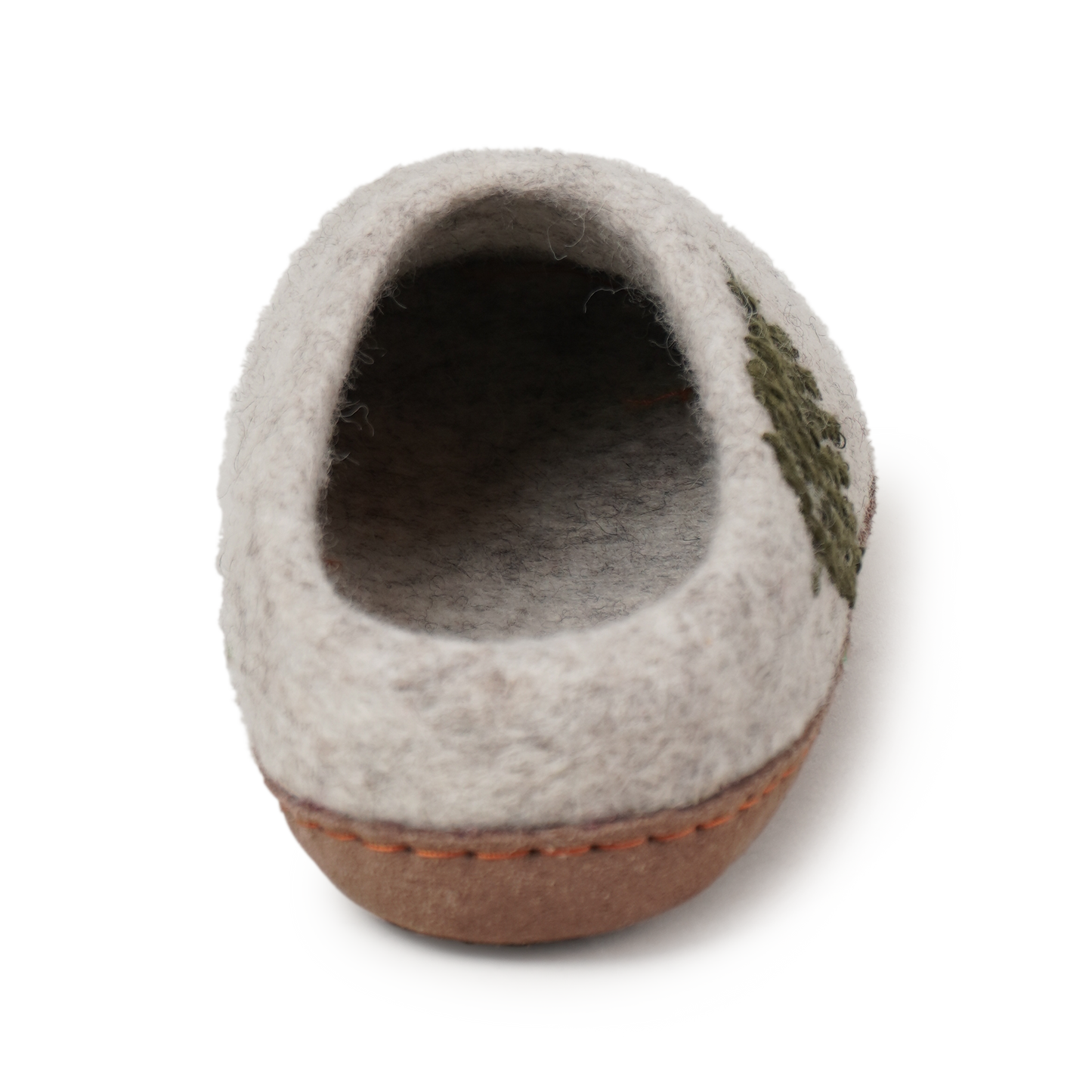 Back angle Ambler Valhalla wool slippers in heather silver with natural leather sole and felted fern design.