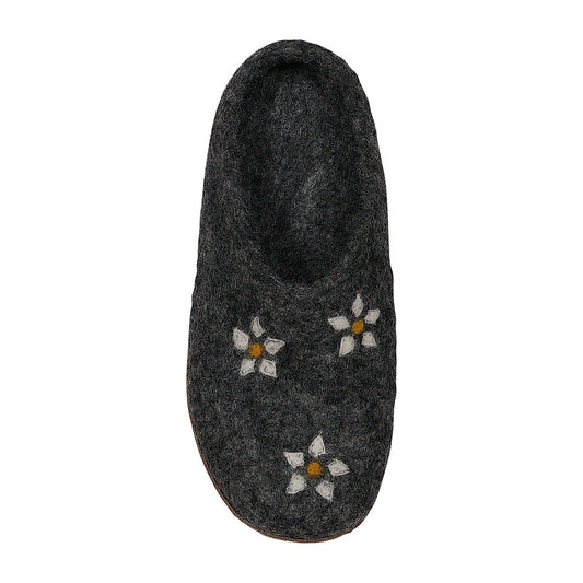 Front angle Ambler Valhalla wool slippers in heather charcoal with natural leather sole and felted flowers.