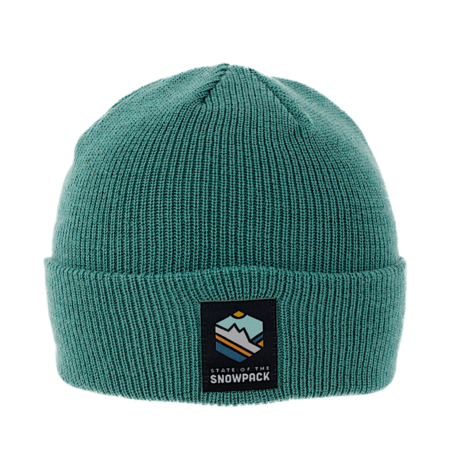 A teal green ribbed knit custom beanie with a black rectangular brand patch on the front cuff that reads 'SNOWPACK' with a mountain graphic.