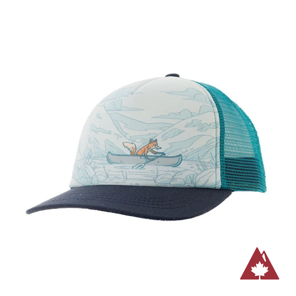 Kids' trucker hat with teal back and fox in a canoe design on a white background. 