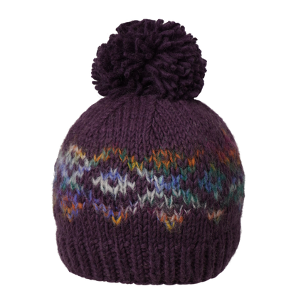 Ambler Anne handknit women's toque in dark plum with jacquard design and ribbed cuff. 