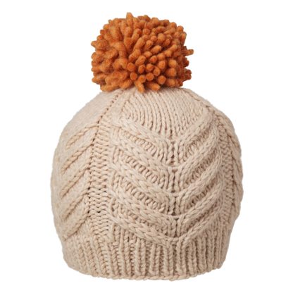 Ambler Audrey handknit women's toque in cream with orange medium pom.