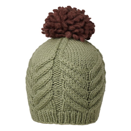 Ambler Audrey handknit women's toque in ice green with brown medium pom.