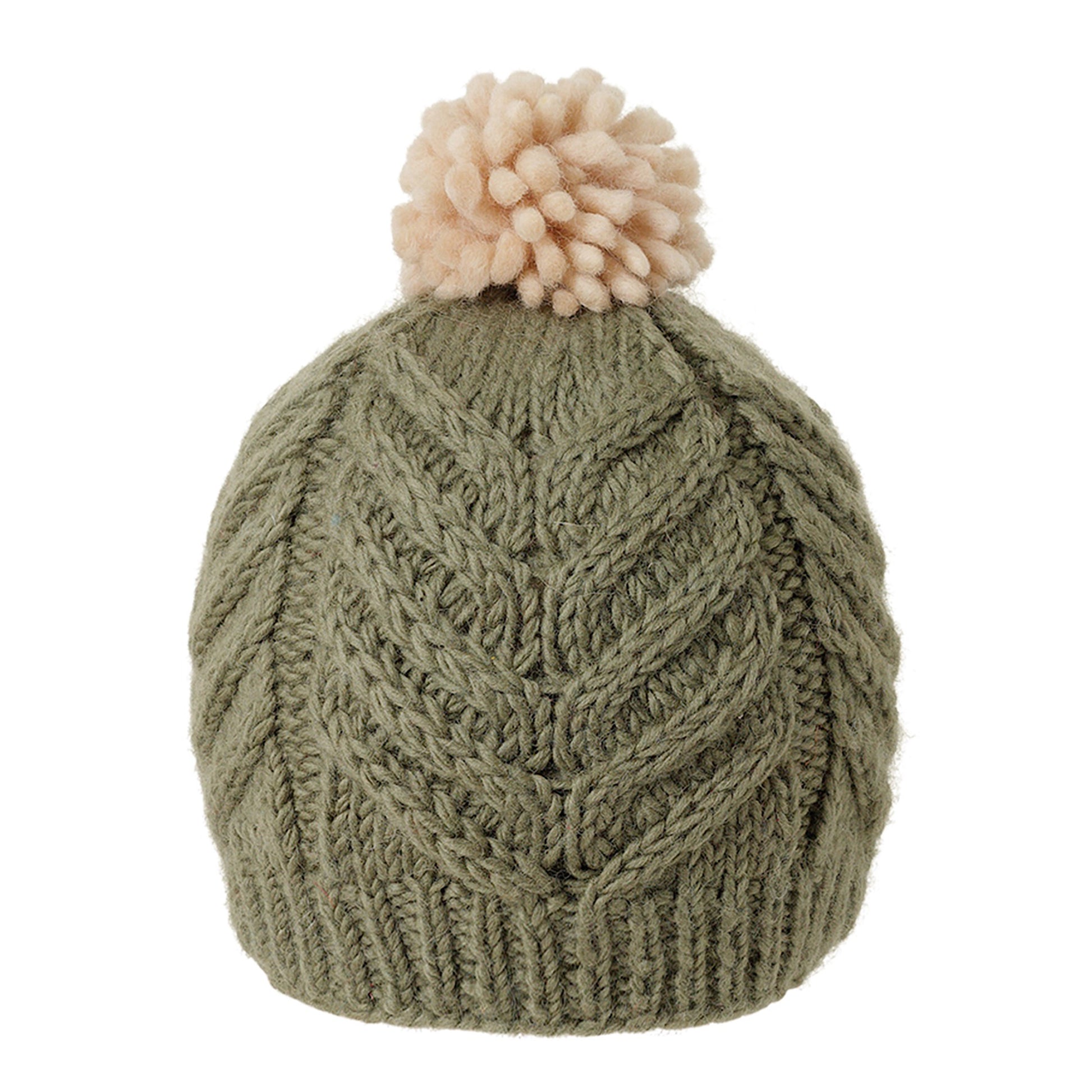 Ambler Audrey handknit women's toque in moss with cream medium pom.