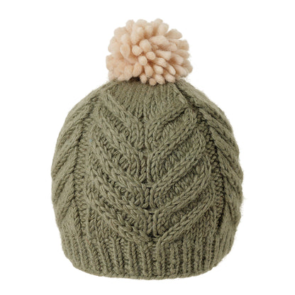 Ambler Audrey handknit women's toque in moss with cream medium pom.
