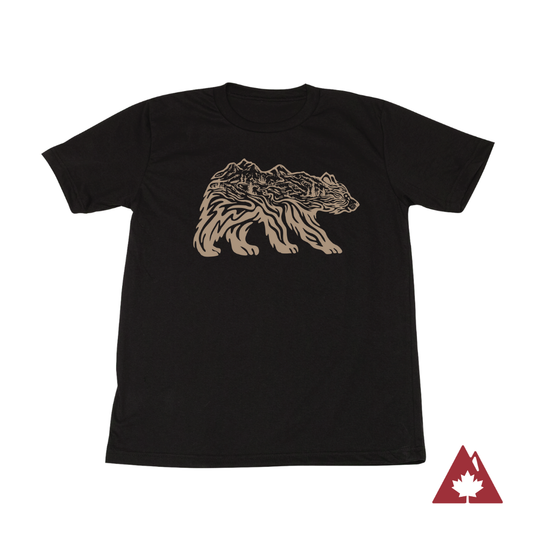 Black unisex t-shirt with bear and mountain graphic. 