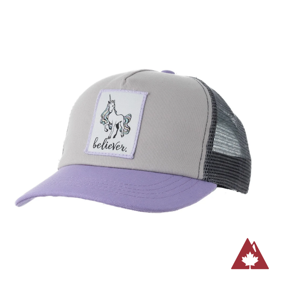 Kids' trucker hat with a lilac brim, grey mesh back and aunicorn 'believer' patch on the front panel. 