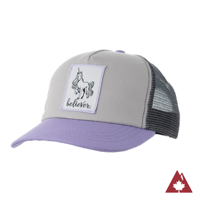 Kids' trucker hat with a lilac brim, grey mesh back and aunicorn 'believer' patch on the front panel. 