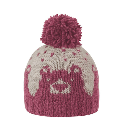 Ambler Bjorn handknit kids' toque in dark rose with knitted bear portrait and pom. 