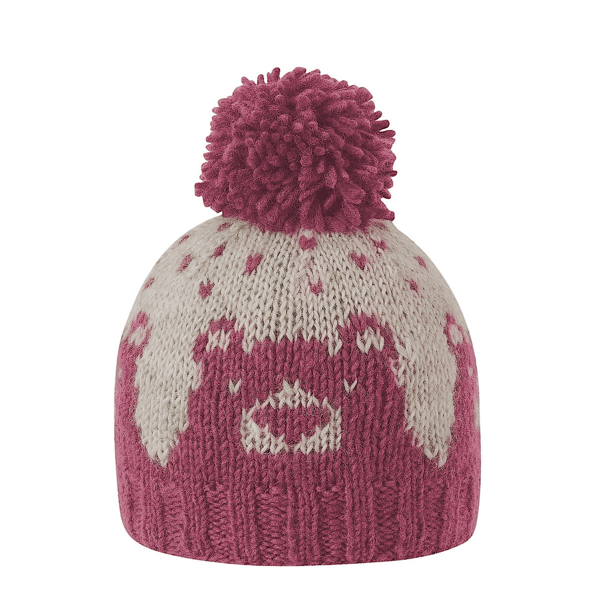 Ambler Bjorn handknit kids&#39; toque in dark rose with knitted bear portrait and pom. 