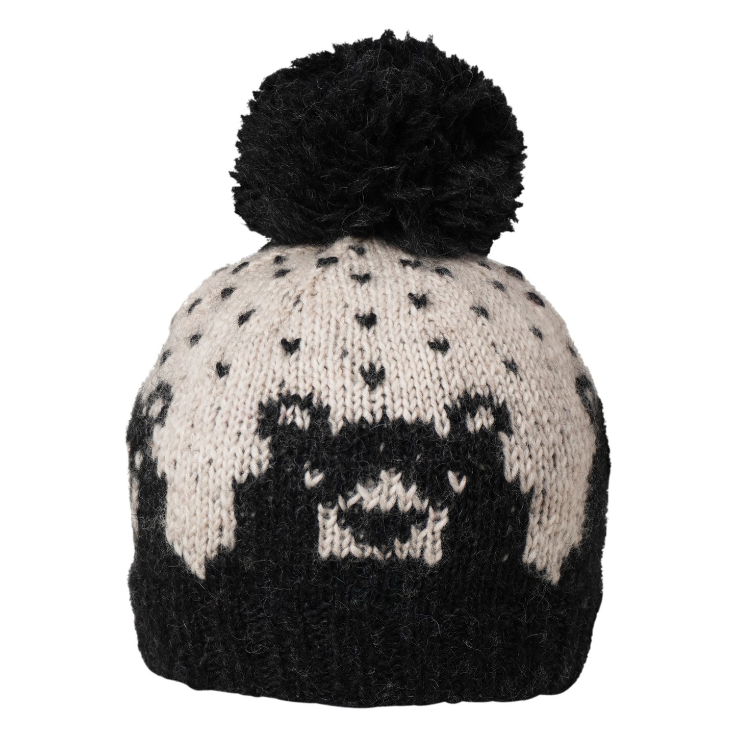 Ambler Bjorn handknit kids' toque in heather charcoal with knitted bear portrait and pom. 