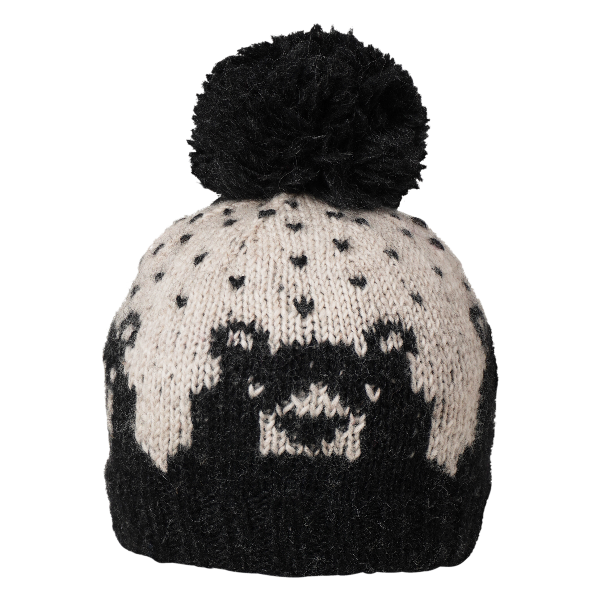 Ambler Bjorn handknit kids' toque in heather charcoal with knitted bear portrait and pom. 