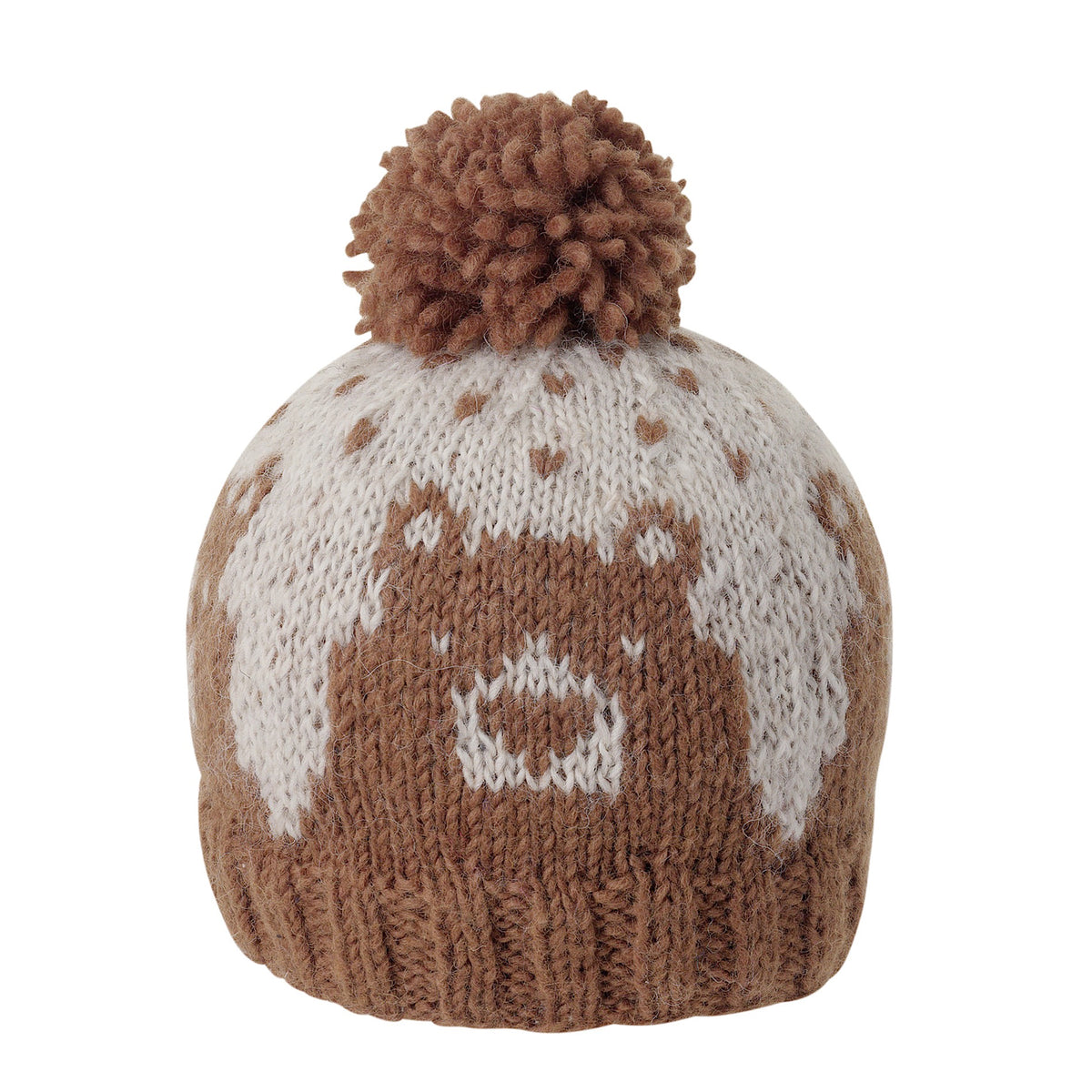 Ambler Bjorn handknit kids&#39; toque in latte with knitted bear portrait and pom. 