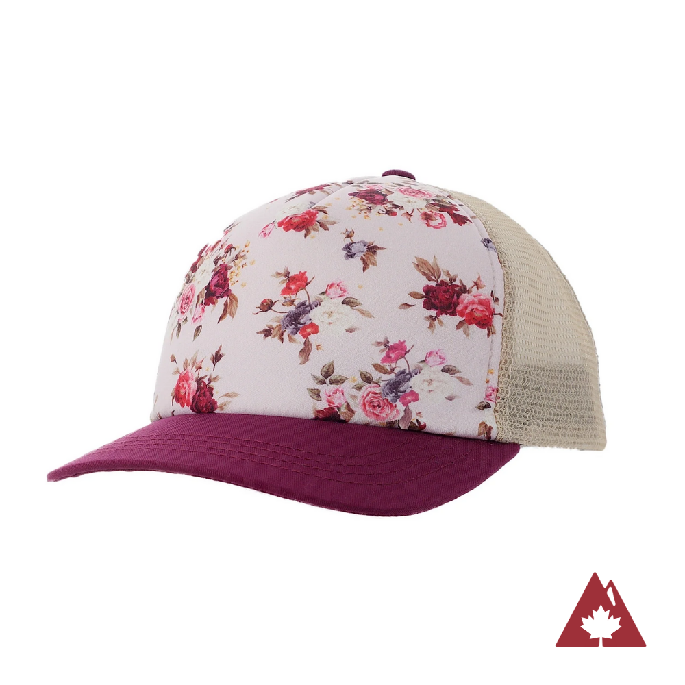 Kids trucker hat with a floral-patterned front panel, dark pink brim and cream mesh back.