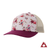 Kids trucker hat with a floral-patterned front panel, dark pink brim and cream mesh back.
