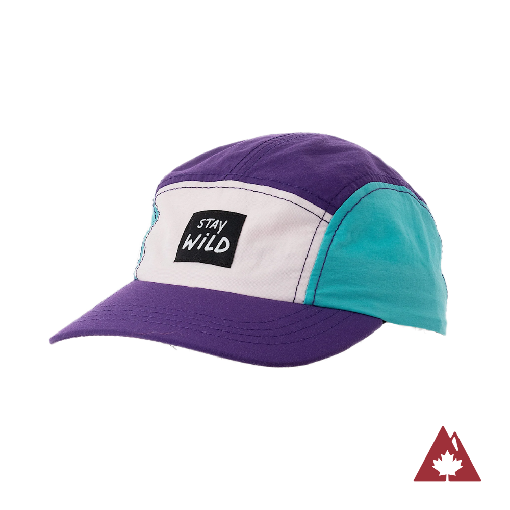 Colorful blocked kids' 5 panel cap with 'Stay Wild' patch on the front panel. 