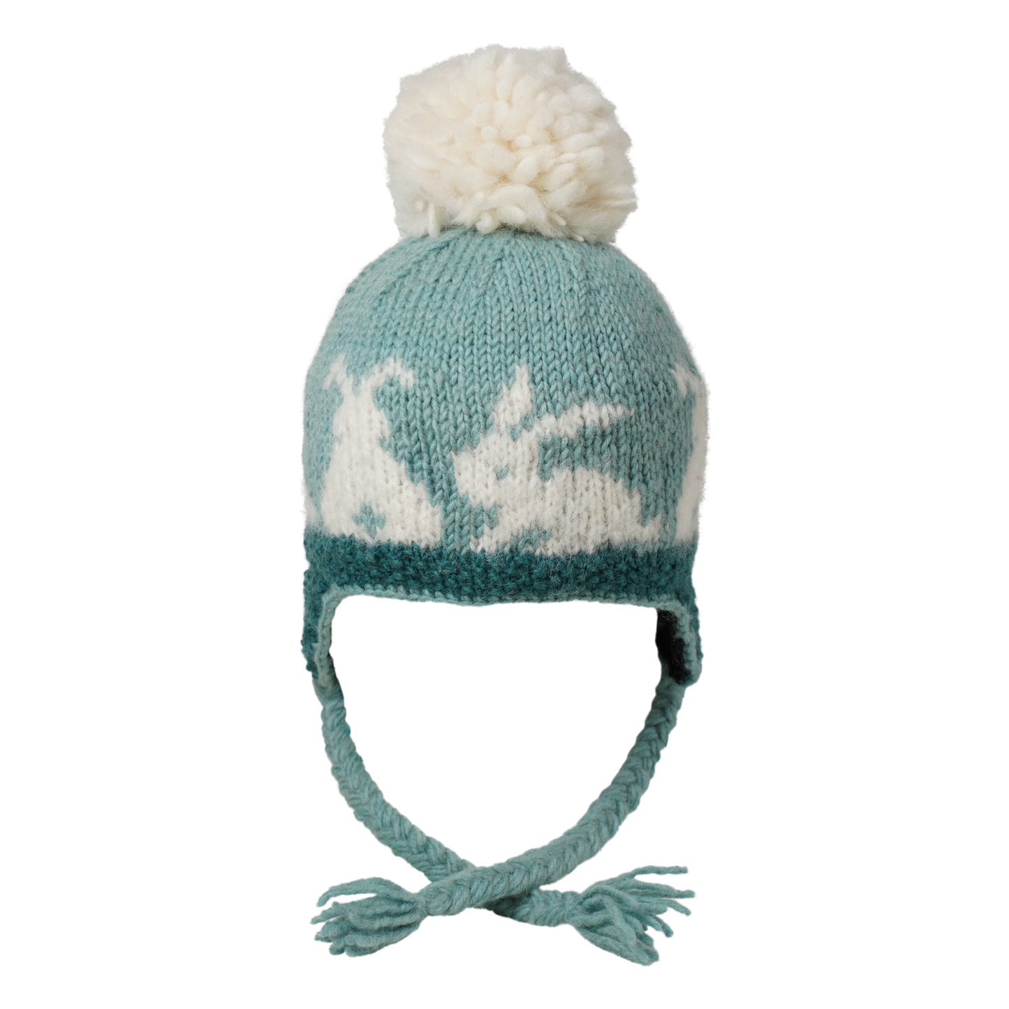 Ambler Bunny tales handknit kids' toque in aqua with rabbit design and coloured tassels. 