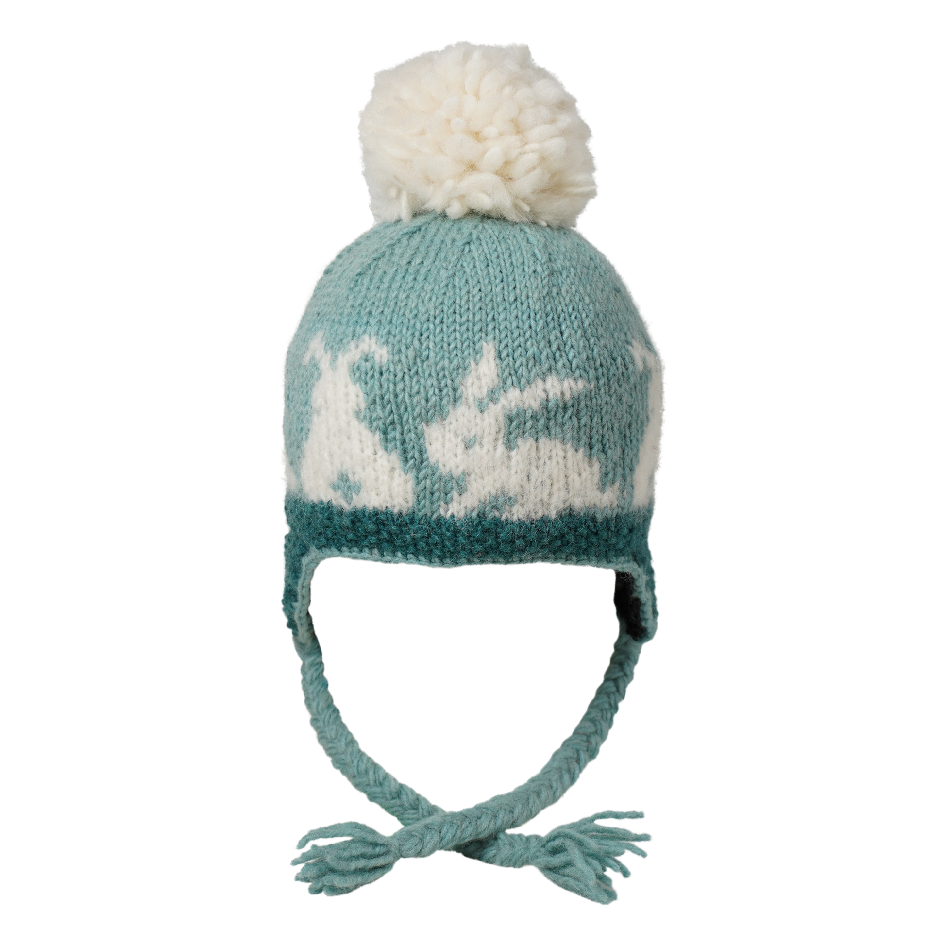 Ambler Bunny tales handknit kids' toque in aqua with rabbit design and coloured tassels. 