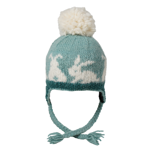 Ambler Bunny tales handknit kids' toque in aqua with rabbit design and coloured tassels. 