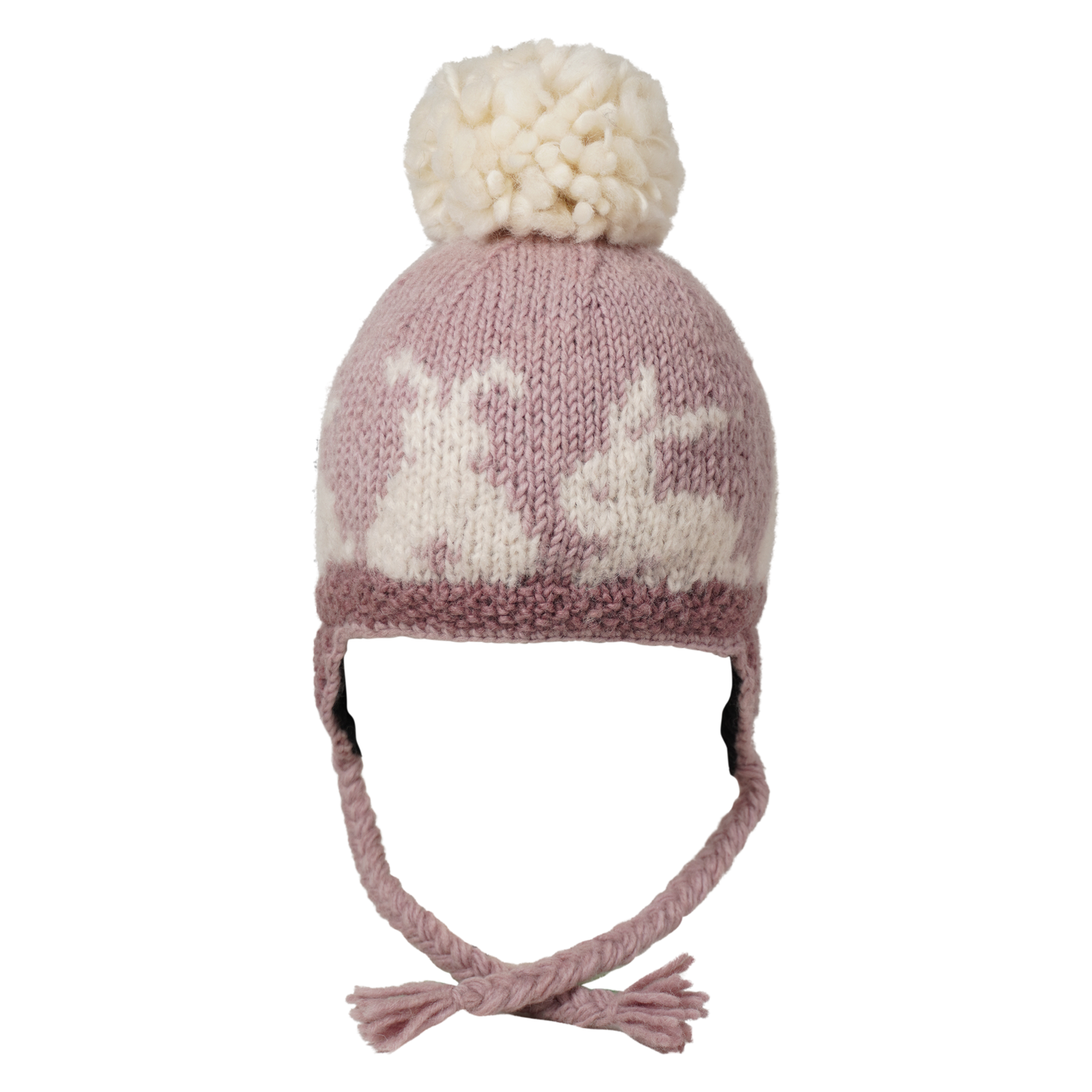 Ambler Bunny tales handknit kids' toque in mauve with rabbit design and coloured tassels. 