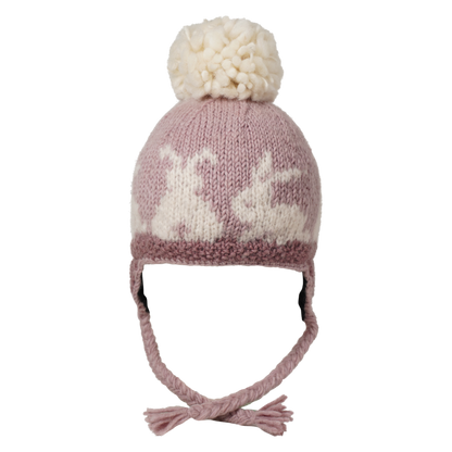 Ambler Bunny tales handknit kids' toque in mauve with rabbit design and coloured tassels. 