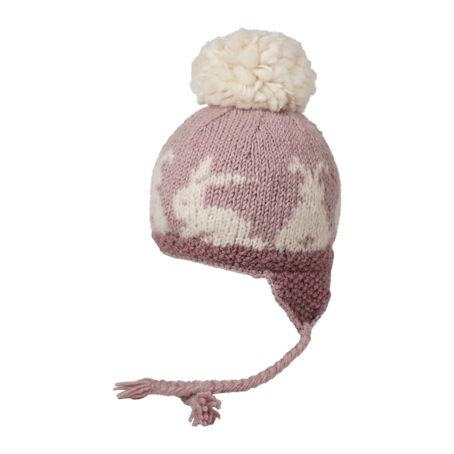Side angle of Ambler Bunny tales handknit kids' toque in mauve with rabbit design and coloured tassels. 