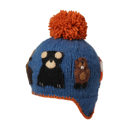 Ambler Canuck handknit kids' toque in dusk with felted creatures and medium contrast colour pom. 